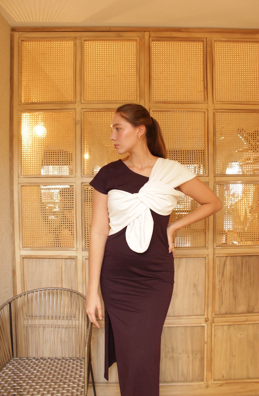 VESTIDO BOW WHITE AND WINE